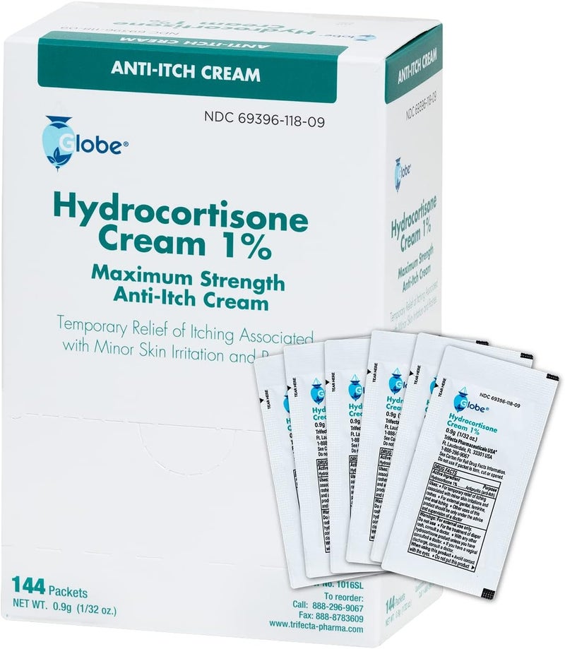 Globe (Box 144 Hydrocortisone 1% Maximum Strength Cream, (0.9g Single Packet) Anti-Itch Cream for Redness, Swelling, Itching, Rash, Bug/Mosquito Bites, Eczema, Hemorrhoids & More - Image 1